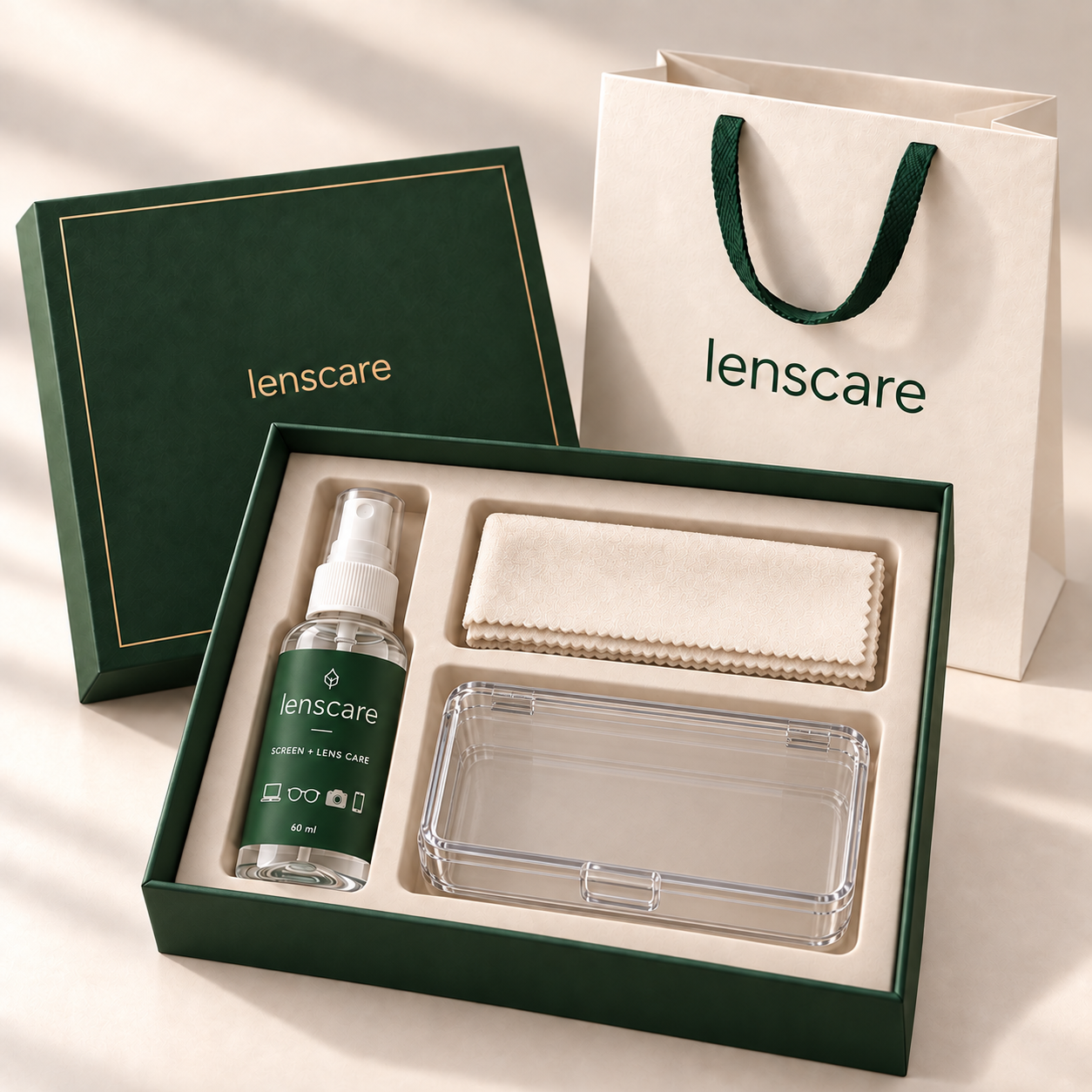 Lenscare kit presentation with spray, cloth and clear holder